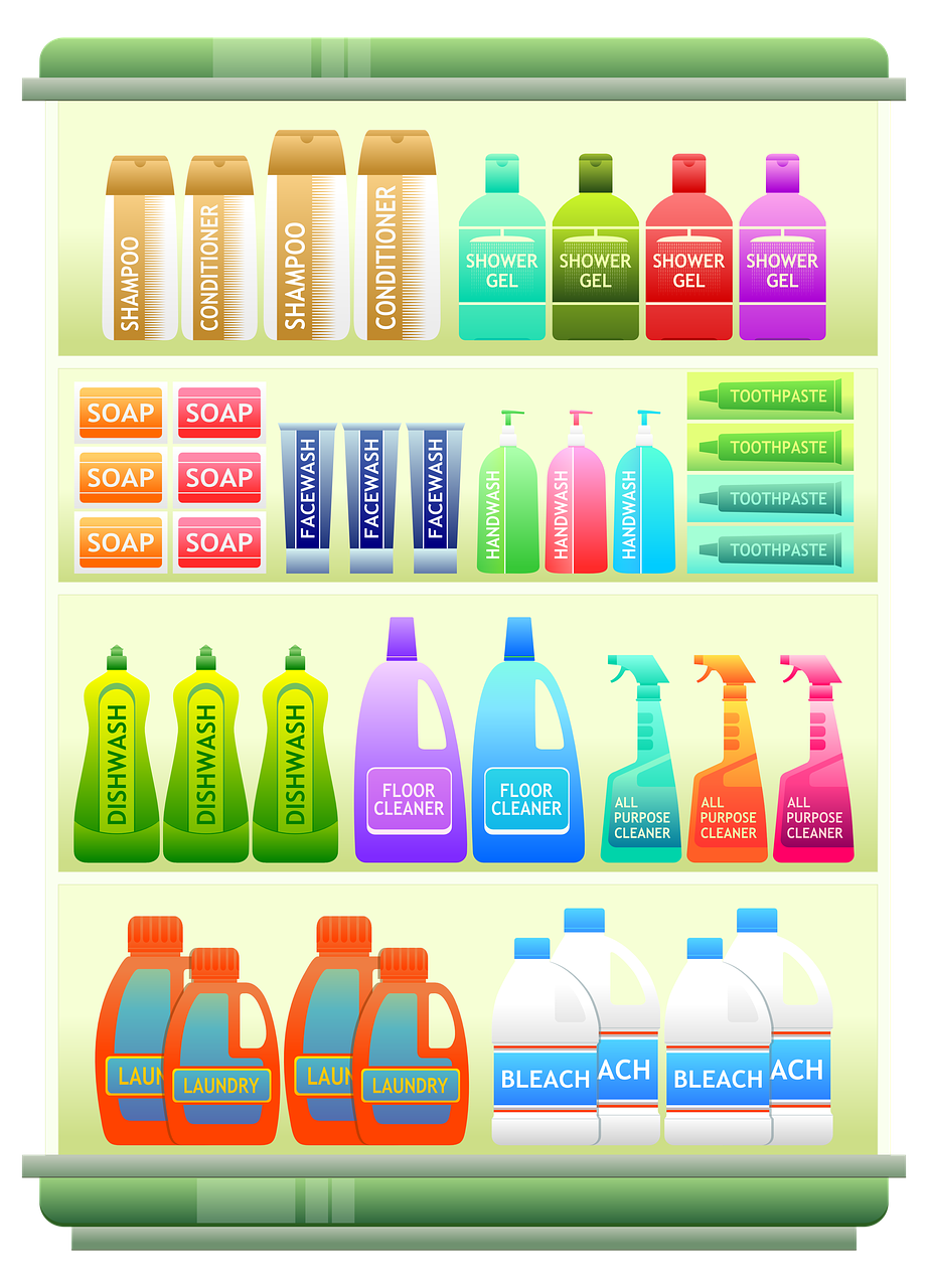 supermarket shelf, products, shampoo